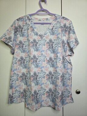 ☀️Women's XL Scrub Top Single Pocket Floral V-Neck Short Sleeve